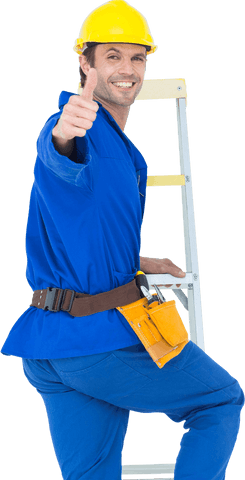Confident repairman gesturing thumbs up on transparent background