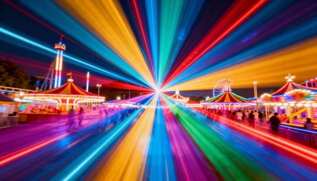 Radiant carnival light burst radiating colorful motion across night fairground ferris wheel