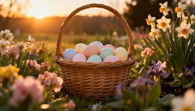 Wicker basket holding pastel easter eggs in sunlit spring flower meadow at sunset