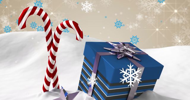 Christmas Present with Candy Canes and Falling Snowflakes in Winter Wonderland - Download Free Stock Images Pikwizard.com