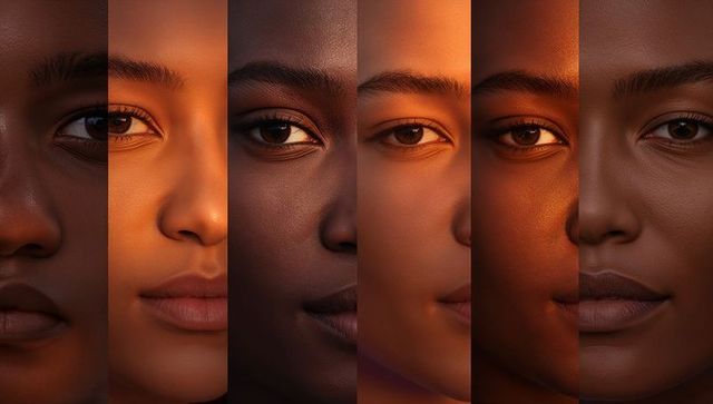 Diverse female faces closeup collage highlighting skin tones eyes texture and symmetry