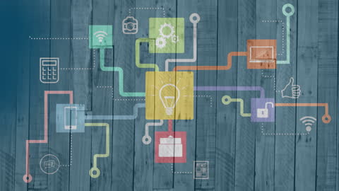 Media Icons and Digital Technology Display over Wooden Background