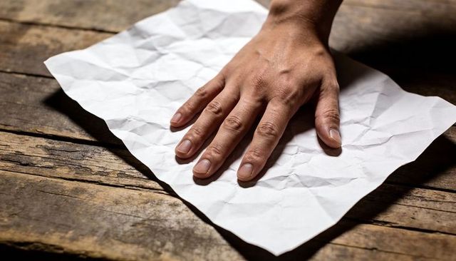 Right hand pressing crumpled paper on weathered wood with warm shadows