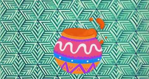 Playful splashing ceramic pot with orange liquid on geometric teal background