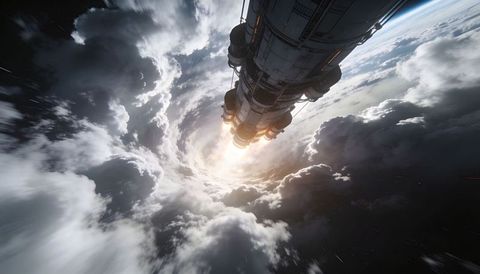 Cinematic rocket plunging through storm clouds into atmospheric vortex, backlit engines