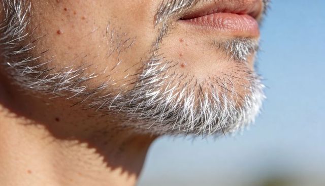 Sunlit gray stubble on mature male jawline closeup showing skin texture and beard detail
