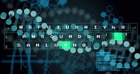Futuristic neon keyboard ui highlighting teal keys with hex mesh and touch node overlay