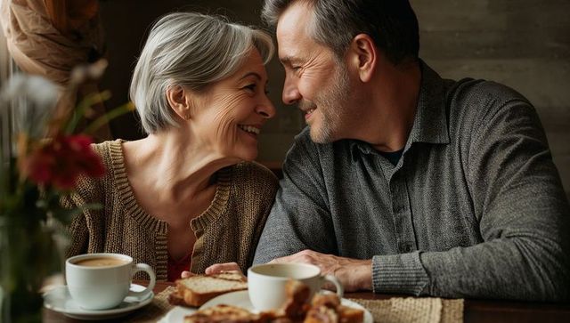 Senior couple sharing coffee and pastries, smiling and leaning close in rustic cafe