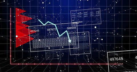 Cyan Trendline Tracing Across 3D Analytics Dashboard with Red Flags, Grid Network, Metrics