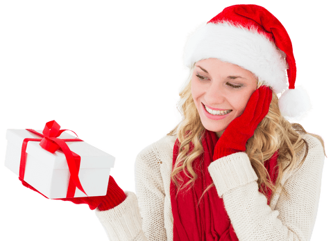 Smiling Woman Holding Gift with Santa Hat on Transparent Background