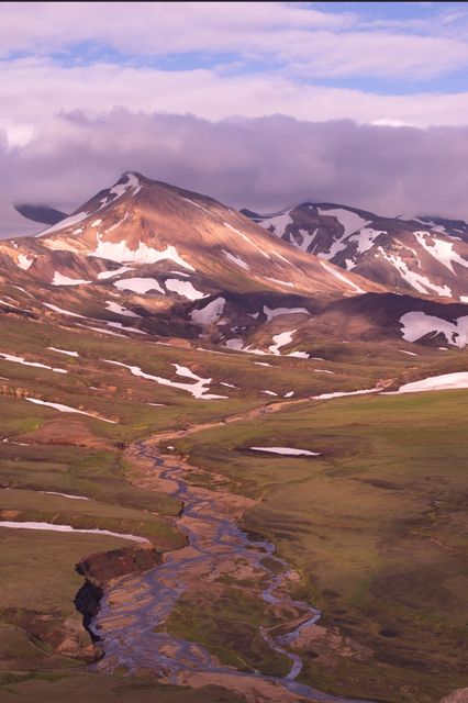 Serene Mountain Landscape with Snow-Capped Peaks and Flowing Stream - Download Free Stock Photos Pikwizard.com
