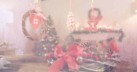 Festive Table with Christmas Decorations and Pine Cones - Download Free Stock Images Pikwizard.com