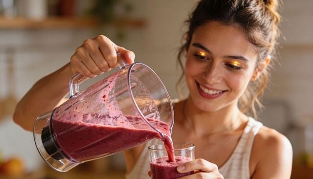 Pouring vibrant mixed berry smoothie into glass while smiling in sunlit kitchen