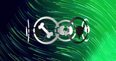 Dynamic abstract art with futuristic tech symbols