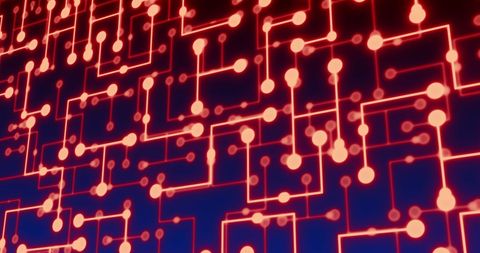 Glowing neon circuit lines on dark background abstract technology