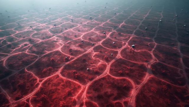 Surveying drones mapping glowing network across crimson cellular terrain, robotic walkers