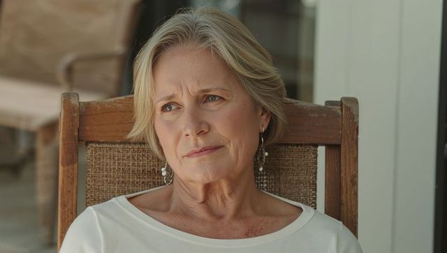 Contemplative senior woman relaxing on porch chair wearing beaded earrings and white top