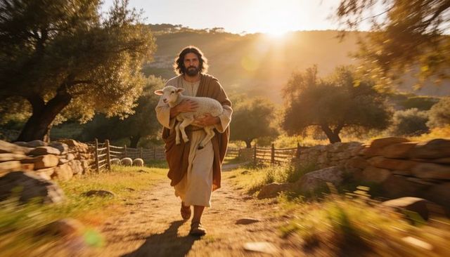 Golden-hour shepherd walking along sunlit country path carrying lamb, pastoral serenity
