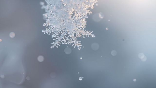 Macro snowflake crystal showing intricate dendrite arms, melting droplets and soft bokeh light