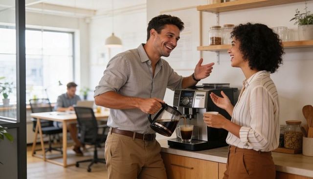 Office colleagues pouring coffee and chatting at kitchenette during casual coffee break