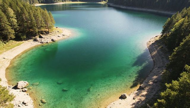 Turquoise alpine lake with emerald shoreline and conifer forest aerial view