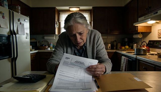 Senior woman balancing bills at kitchen table, using calculator and manila folder