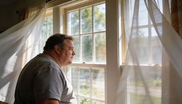 Middle-aged man standing at sunlit window looking contemplative through sheer curtains