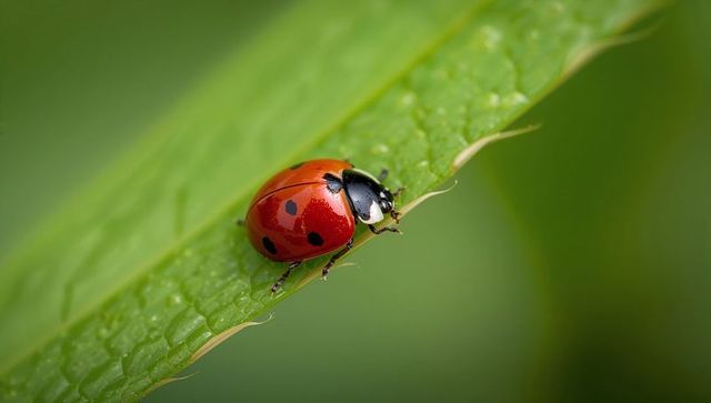 Glossy Red Ladybug Crawling on Dewy Green Leaf Macro with Soft Bokeh and Copy Space