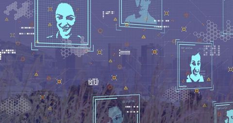 Augmented reality facial interface hovering over city grassland with holographic portraits