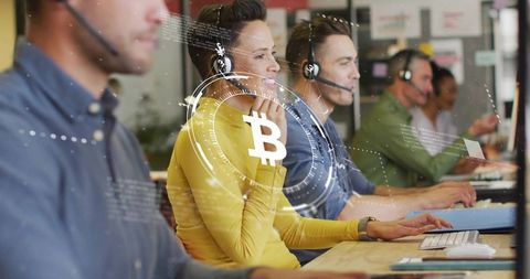 Call center agents using tech with bitcoin decentralized finance concept