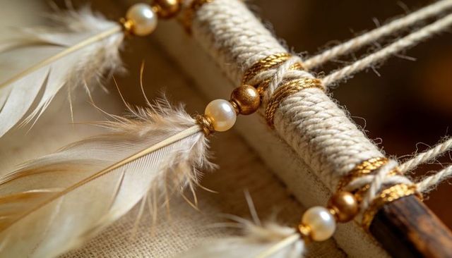 Handmade boho feather hanging with pearls and gold thread on wrapped dowel neutral burlap