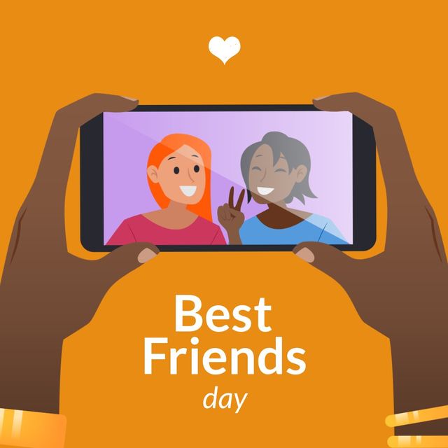 Best friends day text with hands holding smartphone with photograph of biracial friends. vector, digital composite, friendship, togetherness and bonding concept.
