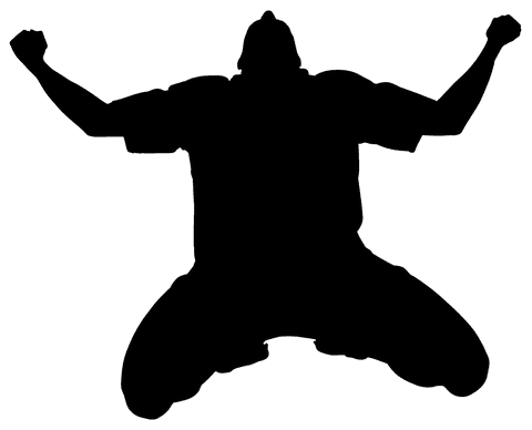 This silhouette image of a sportsman celebrating stands out with its clear, transparent background, making it versatile for design purposes. Ideal for use in sports-related graphic design projects, promotional materials, or any digital creative work highlighting athleticism, victory or dynamic energy. The absence of definitive detail allows it to be easily adapted and implemented within a wide variety of contexts.