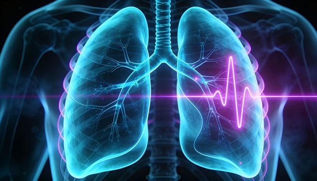 Futuristic glowing lungs with neon ecg pulse illustrating respiratory thorax anatomy