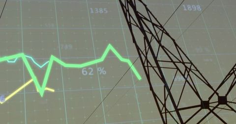 Lattice transmission tower silhouette overlaying neon data graph and grid showing 62%