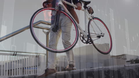 Businessman Carrying Bicycle with Digital Data Overlay