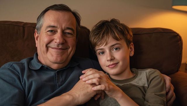 Grandfather and Grandson Sharing Warm Evening on Sofa, Holding Hands, Cozy Family Moment