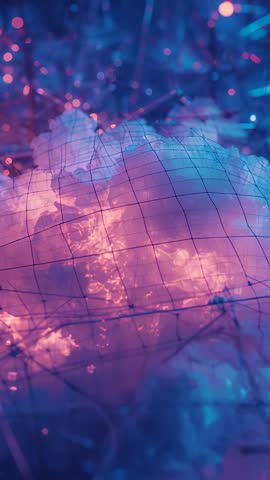 Drifting Upward Revealing Glowing Neon Fiber Mass with Mesh Grid and Sparkling Bokeh Loop