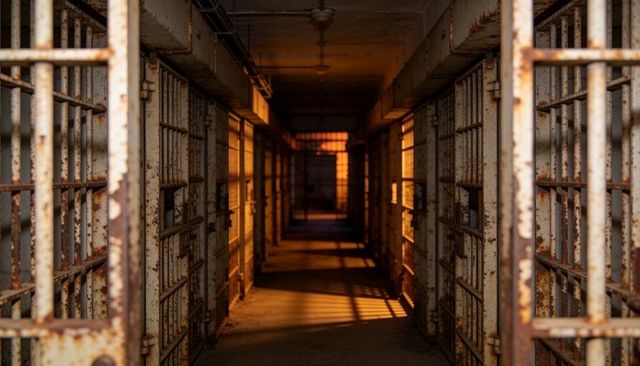 Rusted prison cellblock corridor casting golden sunset light, gritty bars and deep shadows