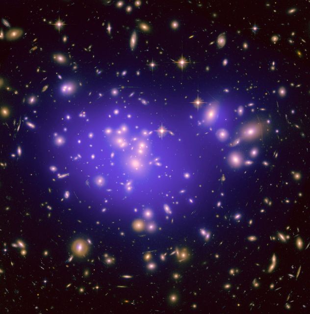This illustration captures the galaxy cluster Abell 1689 with an overlay of its dark matter mass distribution, detected through gravitational lensing. The observation by an international team using the Hubble Space Telescope sheds light on the nature of dark energy and desires an innovative astrophysics research focal point. This visual is excellent for educational materials, scientific publications, and presentations aiming to explain cosmic phenomena, galaxy clusters, and the enigmatic force driving the universe's accelerating expansion.