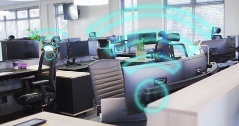 Modern Open Office with Digital Network Holograms Inspirational Workspace