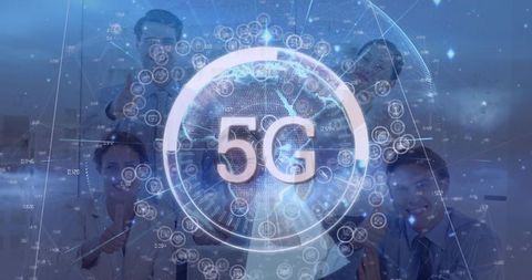 5g technology overlay with diverse business team in modern office