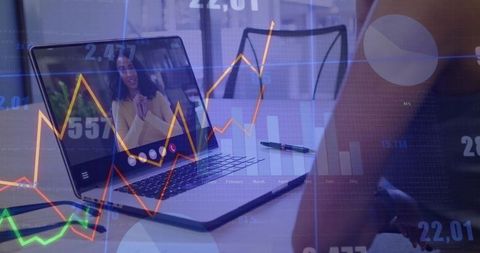 Remote video meeting on laptop with financial charts overlay, analytics tools