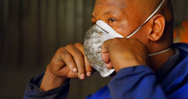 Worker adjusting face mask in factory environment, highlighting industrial safety and health standards. This image can be used in topics related to workplace safety, personal protective equipment importance, health practices in industrial settings, and occupational hygiene.