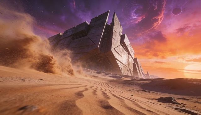 Towering monolith rising over alien desert at sunset, casting shadows and sand plumes