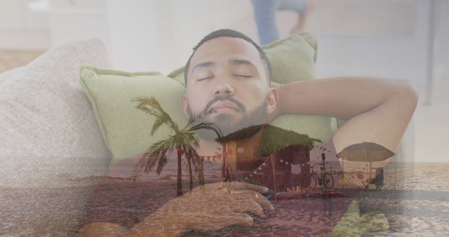 Image of summer tropical beach over man sleeping on sofa. global travel and holiday concept digitally generated image.