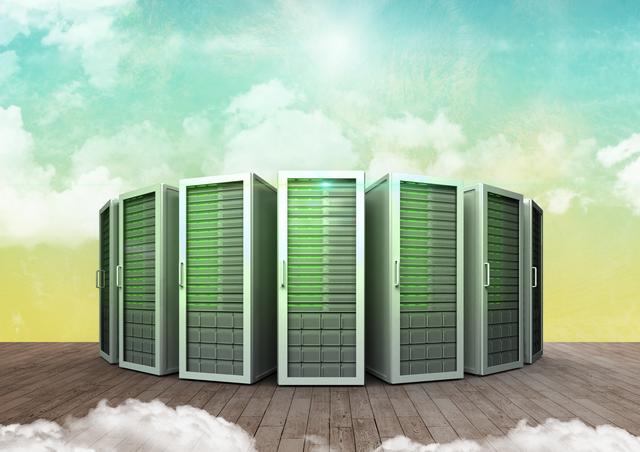 Depicting a series of advanced server systems arranged on a wooden floor with a dreamy cloud-filled sky in the background. This image emphasizes modern computing technology and is ideal for illustrating concepts related to data storage, cloud computing, and IT infrastructure. Suitable for use in tech blogs, websites on data management and storage services, brochures, and advertisements for IT solutions.