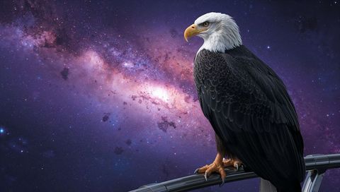 Perching bald eagle under vibrant Milky Way nebula on polished metal railing, cosmic scene