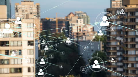 Digital Network Icons and Cityscape Backdrop