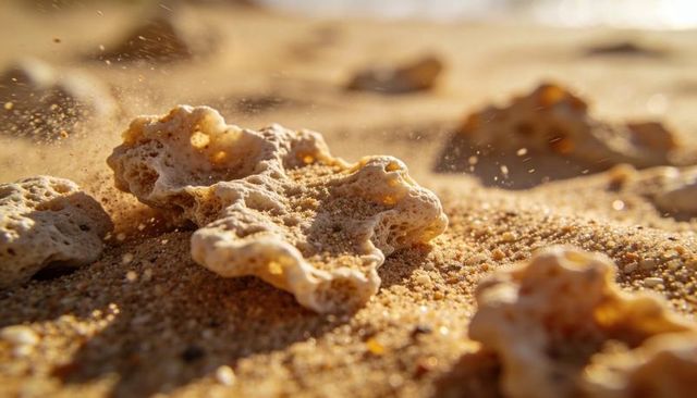 Porous coral fragment basking in golden sand closeup with floating sand particles shoreline